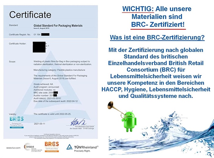 Wasserbeutel Materialien sind BRC Zertifiziert